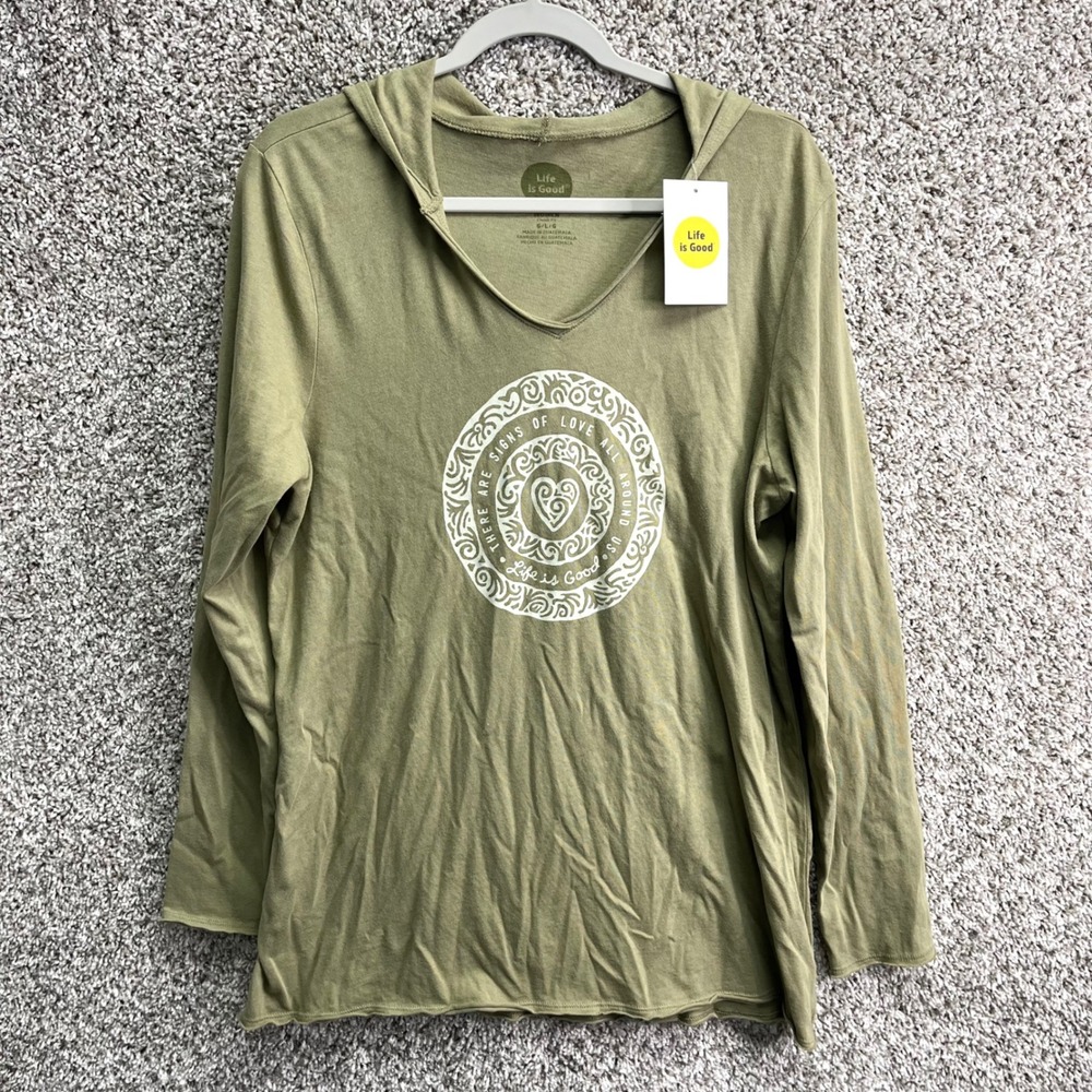 Life is Good T-Shirt Women's L Green Signs of Love Long Sleeve Hooded NWT